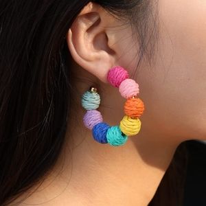Handmade Woven Round Colorful Rainbow Beaded Hoop Earrings